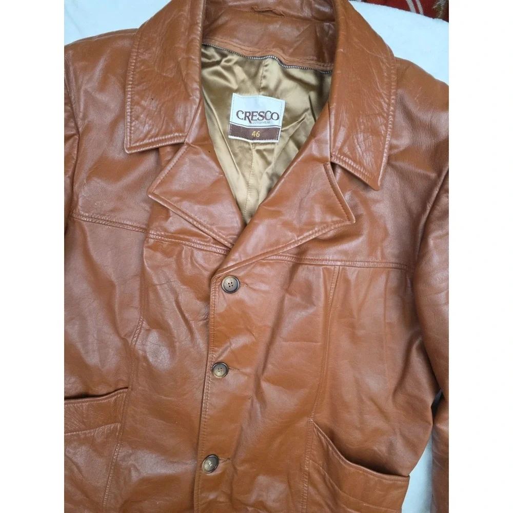 Vtg 1970s Cresco Men Brown Tan Leather Jacket 46 Workwear Western Cowboy Starsky